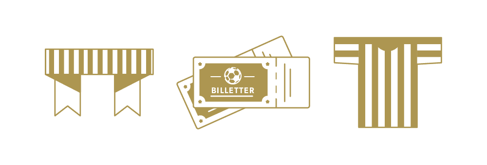 Illustration av en randig halsduk, två fotbollsbiljetter med en bollikon och en randig tröja, alla i guld och vitt.