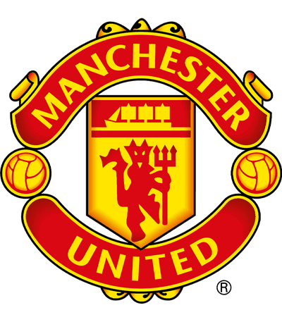 Manchester United-logotyp med en röd djävul som håller en treudd, ett skepp och två fotbollar på en röd och gul sköld.