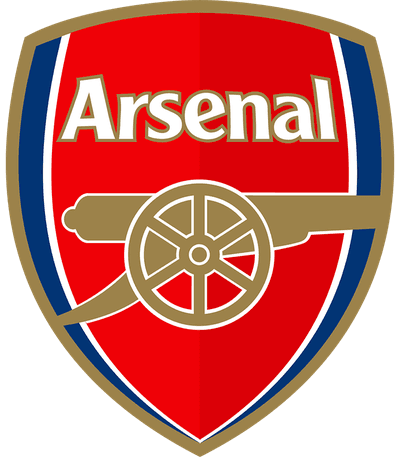 Röd och blå Arsenal FC-logotyp med en gyllene kanon och fet vit ”Arsenal”-text.